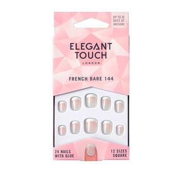 Set de 24 unghii false scurte, Elegant Touch, Adeziv inclus, French 144 Set de 24 unghii false scurte, Elegant Touch, Adeziv inclus, French 144