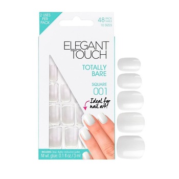 Set 48 de unghii false, Elegant Touch, 001, Forma patrata, 10 dimensiuni diferite, Adeziv inclus, Alb Set 48 de unghii false, Elegant Touch, 001, Forma patrata, 10 dimensiuni diferite, Adeziv inclus, Alb