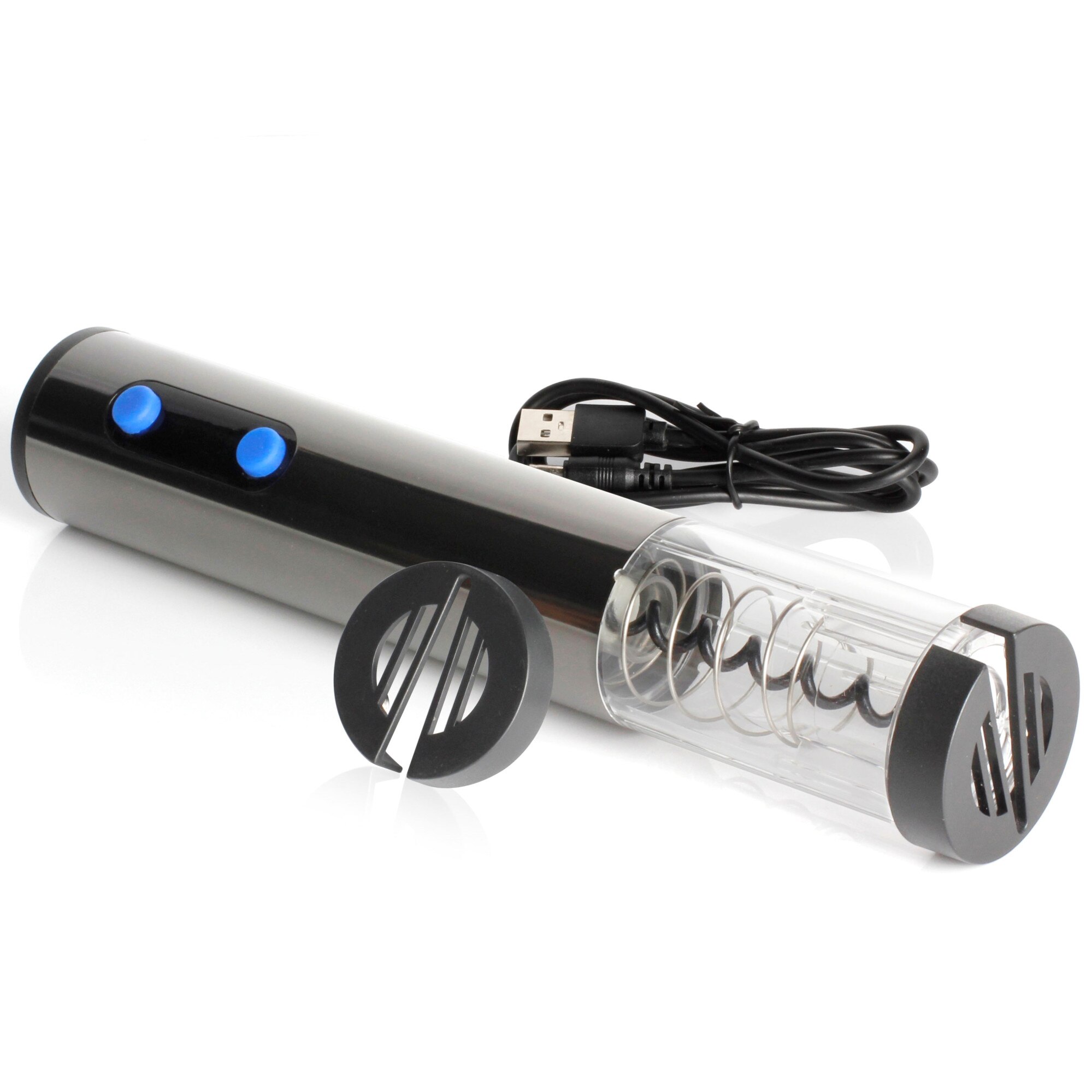 Tirbuson vin electric Elysum, Inox Gri, reincarcabil USB, cu termometru ambiental, accesoriu taiat folie, 4 acumulatori