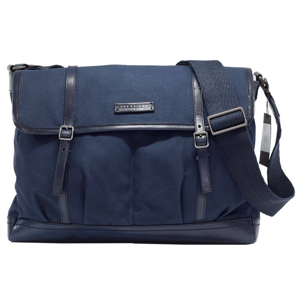 Geanta messenger THE BRIDGE, din tesut si piele, suport pentru laptop, 15,6'' /ipad 9,7'', 053801OM, bleumarin