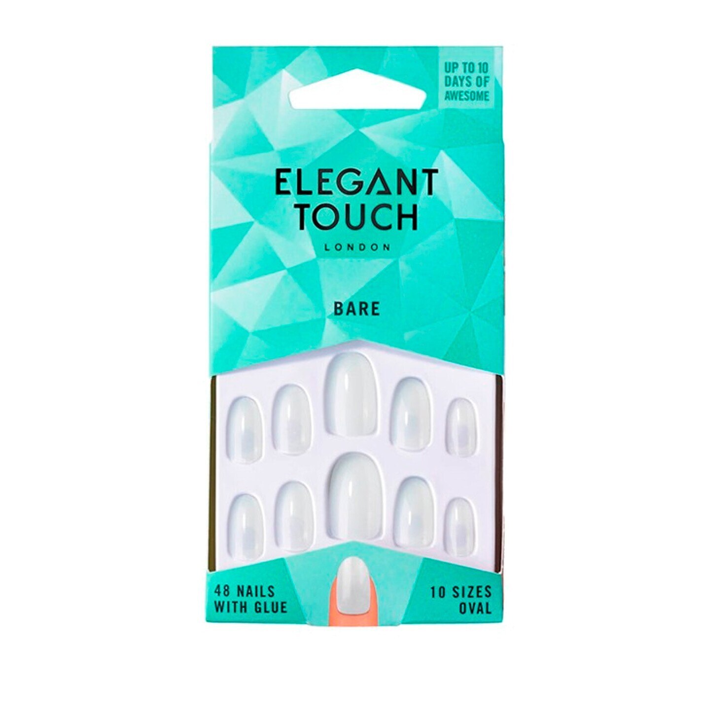 Set 48 de unghii false, Elegant Touch, 001, Forma ovala, Adeziv inclus, Alb