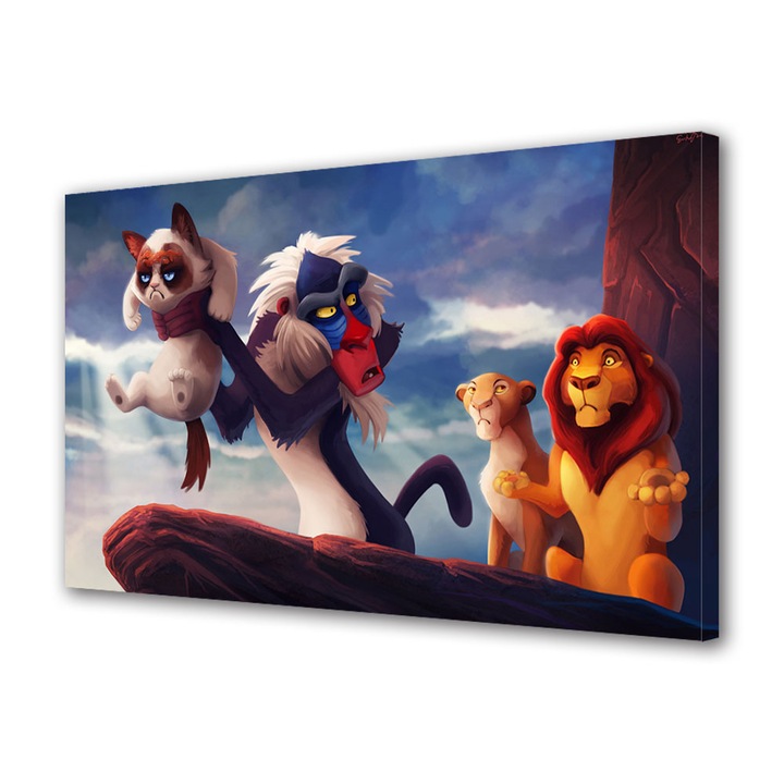 Tablou Canvas Premium, Art Star, Grumpy cat si regele leu, Animatii, Panza pe cadru de lemn, Decoratiuni Moderne pentru Casa, 20 x 30 cm