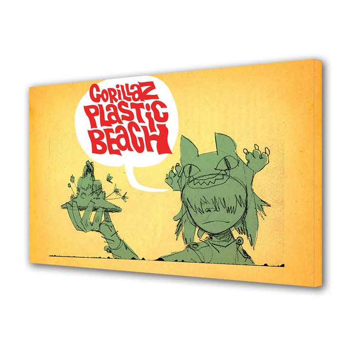 Tablou Canvas Led cu Intrerupator, Luminos in Intuneric, Premium, Art Star, Gorillaz Plastic Beach pe fundal galben , Animatii, Panza pe cadru de lemn, Decoratiuni Moderne pentru Casa, 60 x 90 cm