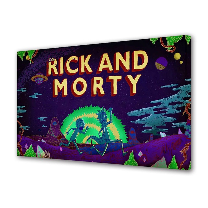 Tablou Canvas Led cu Intrerupator, Luminos in Intuneric, Premium, Art Star, Rick si Morty fugind , Animatii, Panza pe cadru de lemn, Decoratiuni Moderne pentru Casa, 60 x 90 cm