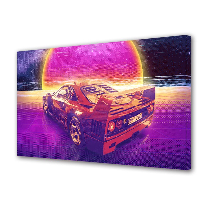 Tablou Canvas Premium, Art Star, Masina in mov si galben, Animatii, Panza pe cadru de lemn, Decoratiuni Moderne pentru Casa, 20 x 30 cm