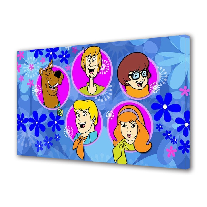 Tablou Canvas Led cu Intrerupator, Luminos in Intuneric, Premium, Art Star, Scooby Doo prezentarea personajelor, Animatii, Panza pe cadru de lemn, Decoratiuni Moderne pentru Casa, 60 x 90 cm
