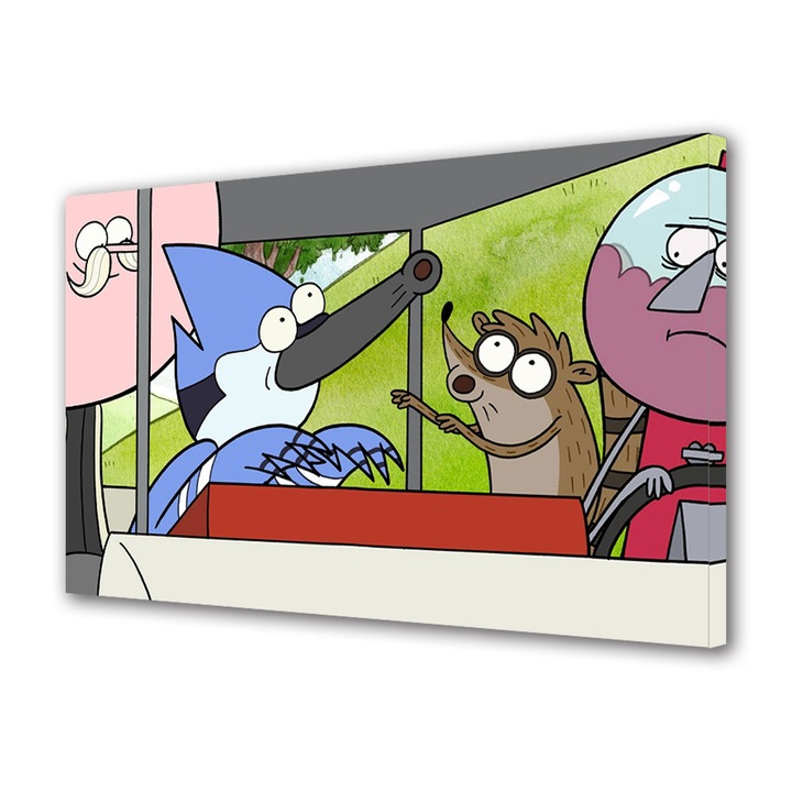 Tablou Canvas Fosforescent, Luminos in Intuneric, Premium, Art Star, Regular Show Mortdecai si Rigby cu Benson si Pops, Animatii, Panza pe cadru de lemn, Decoratiuni Moderne pentru Casa, 30 x 45 cm