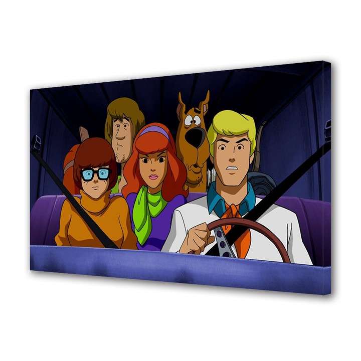 Tablou Canvas Led cu Intrerupator, Luminos in Intuneric, Premium, Art Star, Personajele din Scooby Doo mirate, Animatii, Panza pe cadru de lemn, Decoratiuni Moderne pentru Casa, 30 x 45 cm
