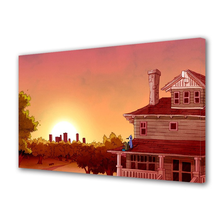 Tablou Canvas Premium, Art Star, Regular Show privind de pe casa, Animatii, Panza pe cadru de lemn, Decoratiuni Moderne pentru Casa, 20 x 30 cm