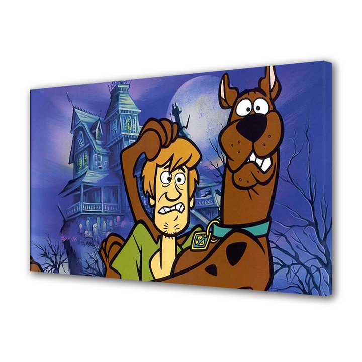 Tablou Canvas Premium, Art Star, Scooby Doo si Shaggy langa casa bantuita, Animatii, Panza pe cadru de lemn, Decoratiuni Moderne pentru Casa, 20 x 30 cm