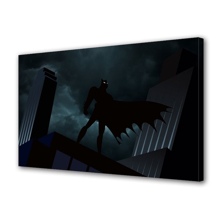 Tablou Canvas Premium, Art Star, Batman pe cladire cu norii de ploaie, Animatii, Panza pe cadru de lemn, Decoratiuni Moderne pentru Casa, 80 x 160 cm