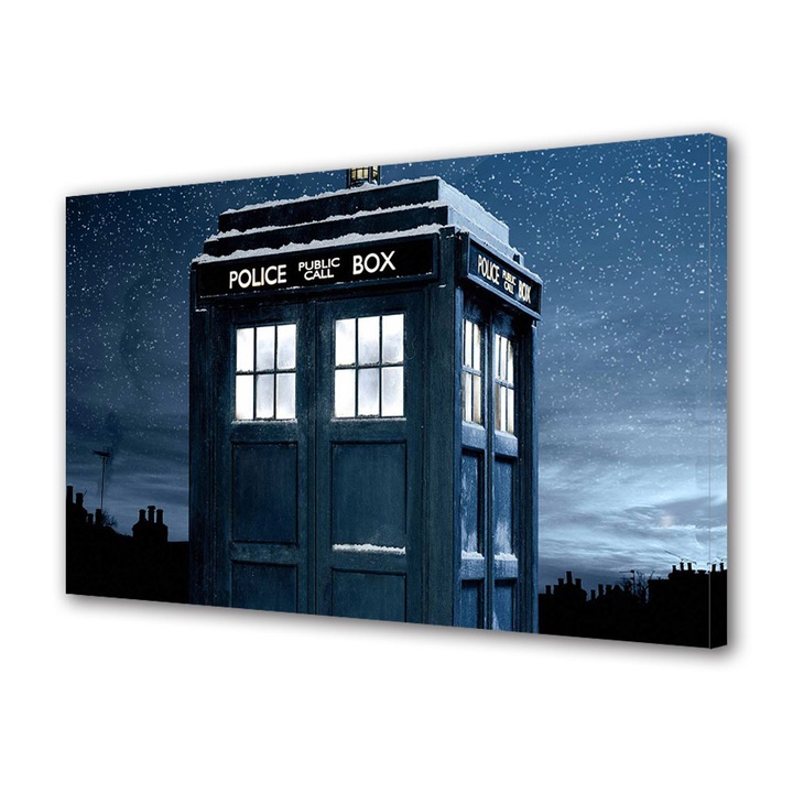 Tablou Canvas Led cu Intrerupator, Luminos in Intuneric, Premium, Art Star, Police Public Call Box, Animatii, Panza pe cadru de lemn, Decoratiuni Moderne pentru Casa, 60 x 90 cm