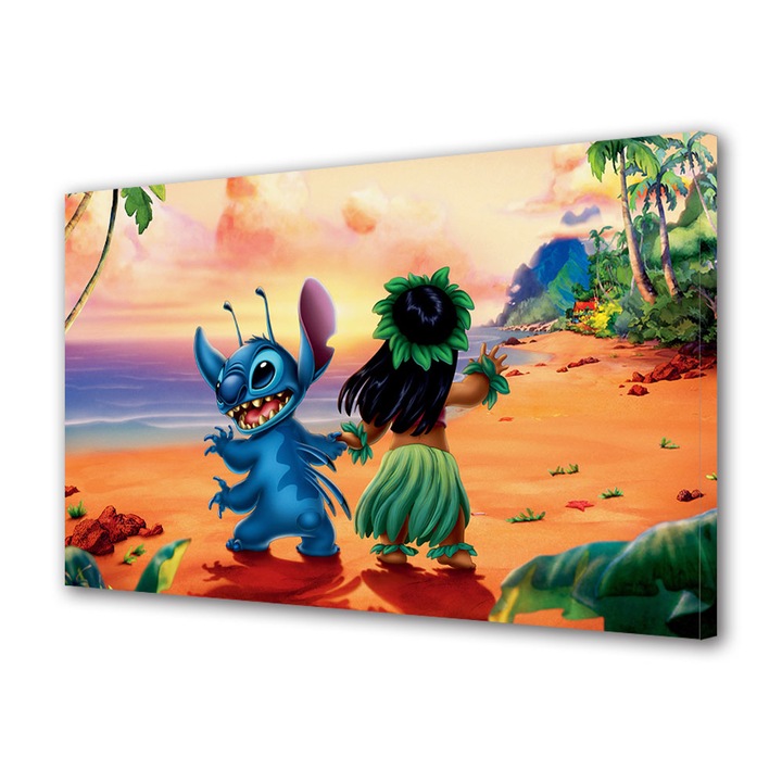 Tablou Canvas Premium, Art Star, Stitch dansand cu Lilo pe plaja, Animatii, Panza pe cadru de lemn, Decoratiuni Moderne pentru Casa, 40 x 60 cm
