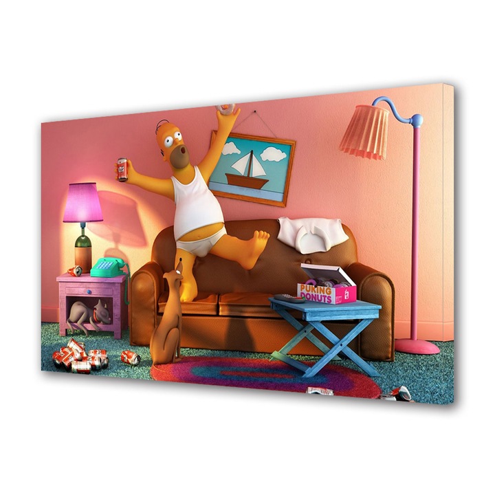 Tablou Canvas Led cu Intrerupator, Luminos in Intuneric, Premium, Art Star, Homer Simpson cu suc si gogosi singur acasa, Animatii, Panza pe cadru de lemn, Decoratiuni Moderne pentru Casa, 30 x 45 cm