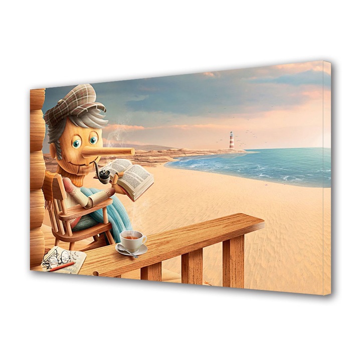 Tablou Canvas Led cu Intrerupator, Luminos in Intuneric, Premium, Art Star, Pinocchio la plaja cu o carte, Animatii, Panza pe cadru de lemn, Decoratiuni Moderne pentru Casa, 60 x 90 cm