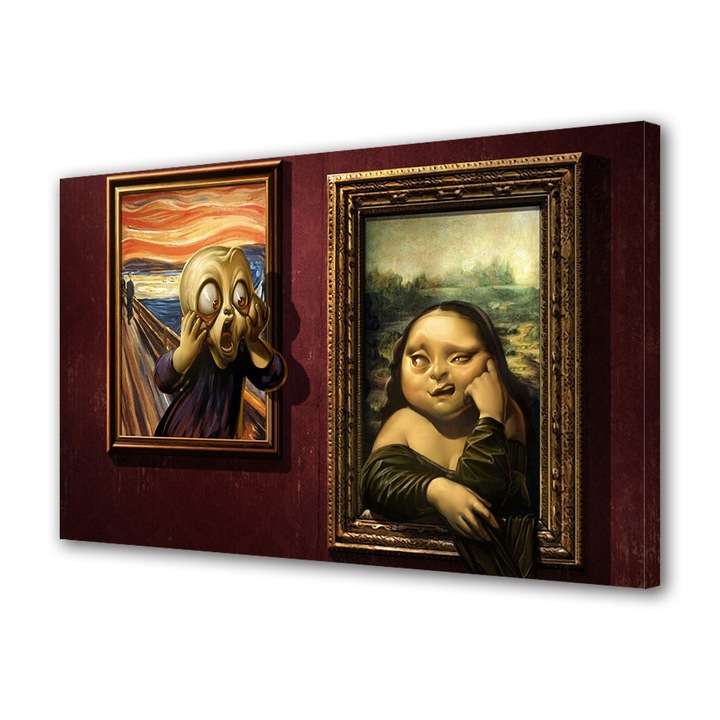 Tablou Canvas Premium, Art Star, Mona Lisa si Tipatul interactionand, Animatii, Panza pe cadru de lemn, Decoratiuni Moderne pentru Casa, 20 x 30 cm
