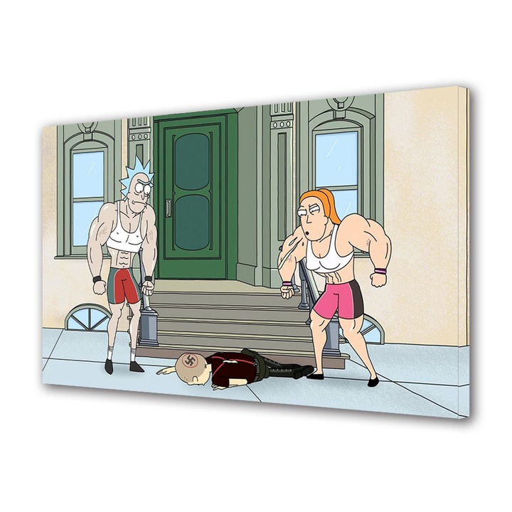 Tablou Canvas Led cu Intrerupator, Luminos in Intuneric, Premium, Art Star, Rick si Morty Summer si Rick cu muschi, Animatii, Panza pe cadru de lemn, Decoratiuni Moderne pentru Casa, 30 x 45 cm
