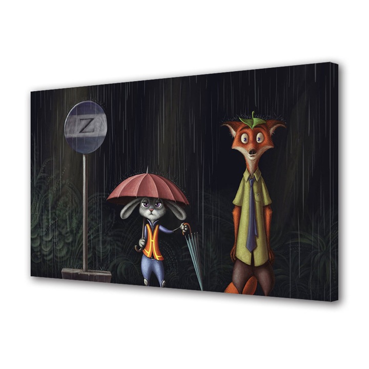 Tablou Canvas Led cu Intrerupator, Luminos in Intuneric, Premium, Art Star, Zootopia Jake si Judy in ploaie, Animatii, Panza pe cadru de lemn, Decoratiuni Moderne pentru Casa, 30 x 45 cm
