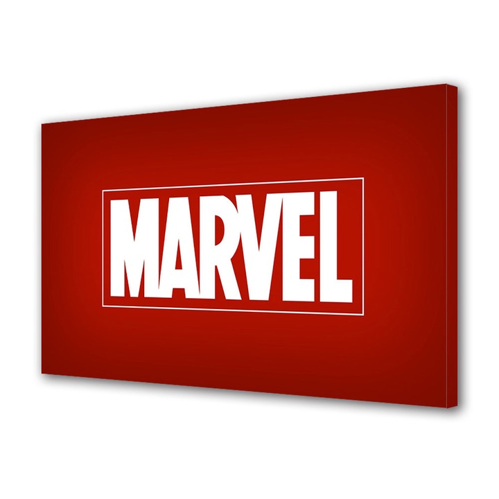 Tablou Canvas Fosforescent, Luminos in Intuneric, Premium, Art Star, Marvel Scris alb pe fundal rosu, Animatii, Panza pe cadru de lemn, Decoratiuni Moderne pentru Casa, 40 x 60 cm