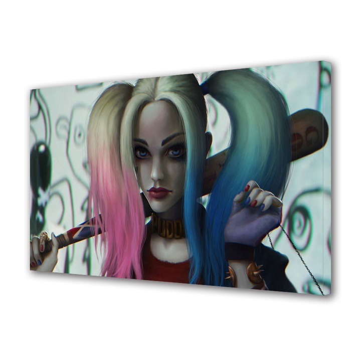 Tablou Canvas Led cu Intrerupator, Luminos in Intuneric, Premium, Art Star, Harley Quinn serioasa, Animatii, Panza pe cadru de lemn, Decoratiuni Moderne pentru Casa, 30 x 45 cm