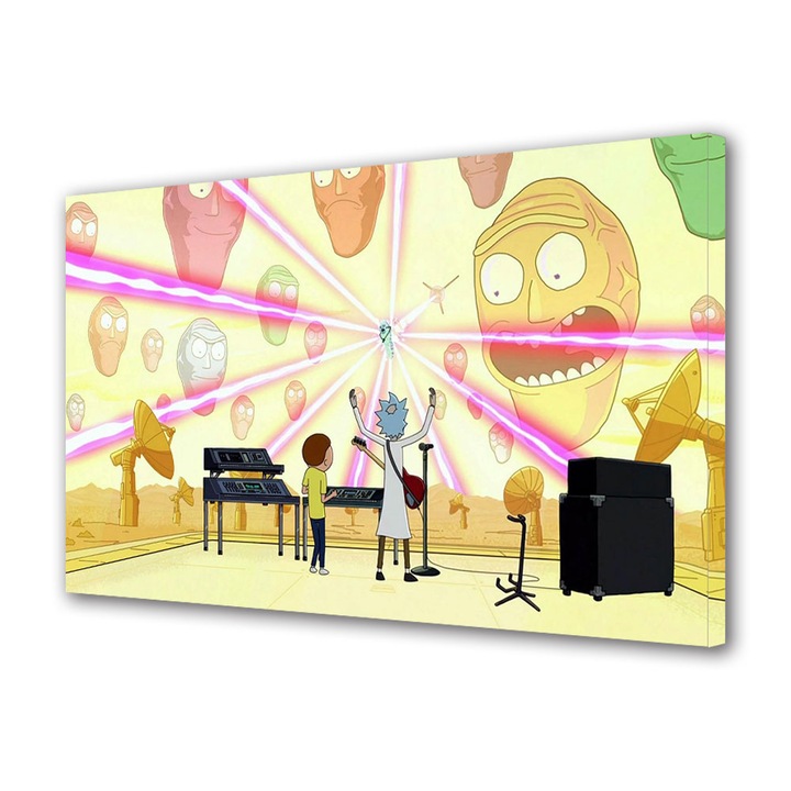 Tablou Canvas Led cu Intrerupator, Luminos in Intuneric, Premium, Art Star, Rick si Morty muzica buna, Animatii, Panza pe cadru de lemn, Decoratiuni Moderne pentru Casa, 30 x 45 cm