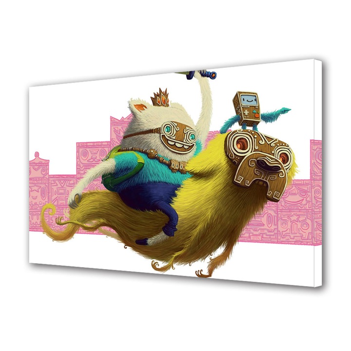 Tablou Canvas Led cu Intrerupator, Luminos in Intuneric, Premium, Art Star, Adventure Time zburand cu Finn si Jake, Animatii, Panza pe cadru de lemn, Decoratiuni Moderne pentru Casa, 60 x 90 cm