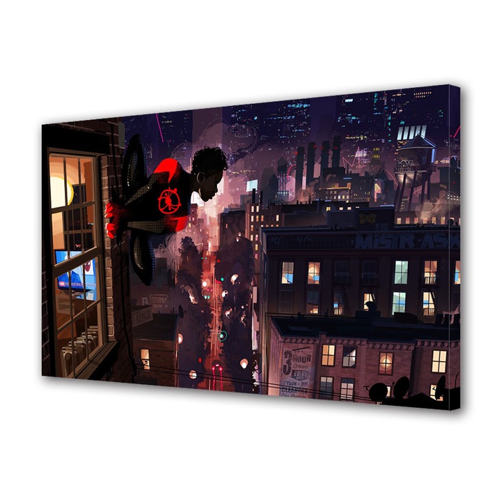 Tablou Canvas Fosforescent, Luminos in Intuneric, Premium, Art Star, Spiderman in alt oras, Animatii, Panza pe cadru de lemn, Decoratiuni Moderne pentru Casa, 20 x 30 cm