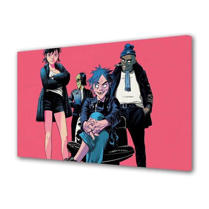 Tablou Canvas Premium, Art Star, Gorillaz pe fundal roz, Animatii, Panza pe cadru de lemn, Decoratiuni Moderne pentru Casa, 70 x 100 cm