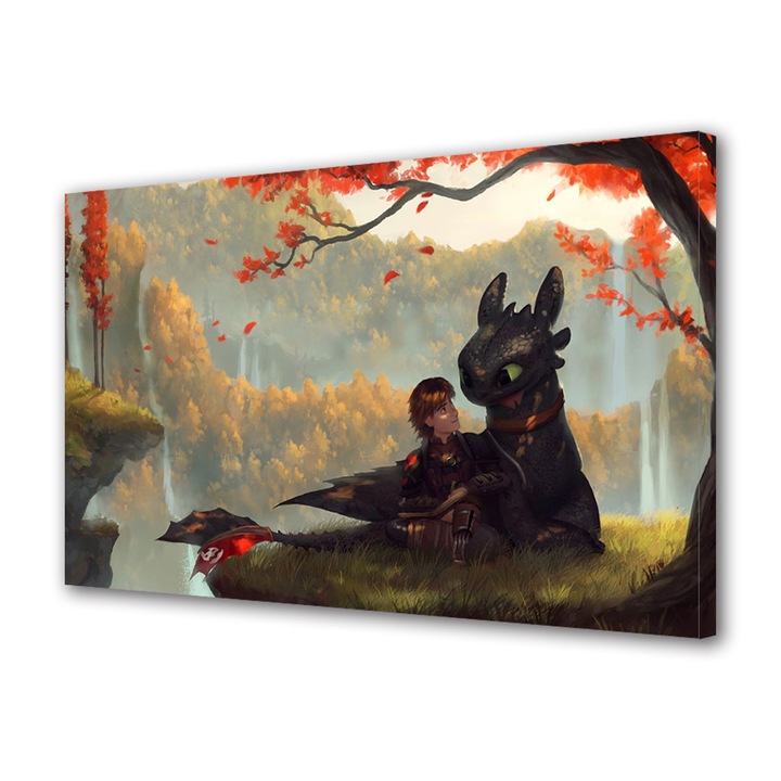 Tablou Canvas Fosforescent, Luminos in Intuneric, Premium, Art Star, How to train your dragon Toothles si Hiccup la umbra copacului, Animatii, Panza pe cadru de lemn, Decoratiuni Moderne pentru Casa, 20 x 30 cm