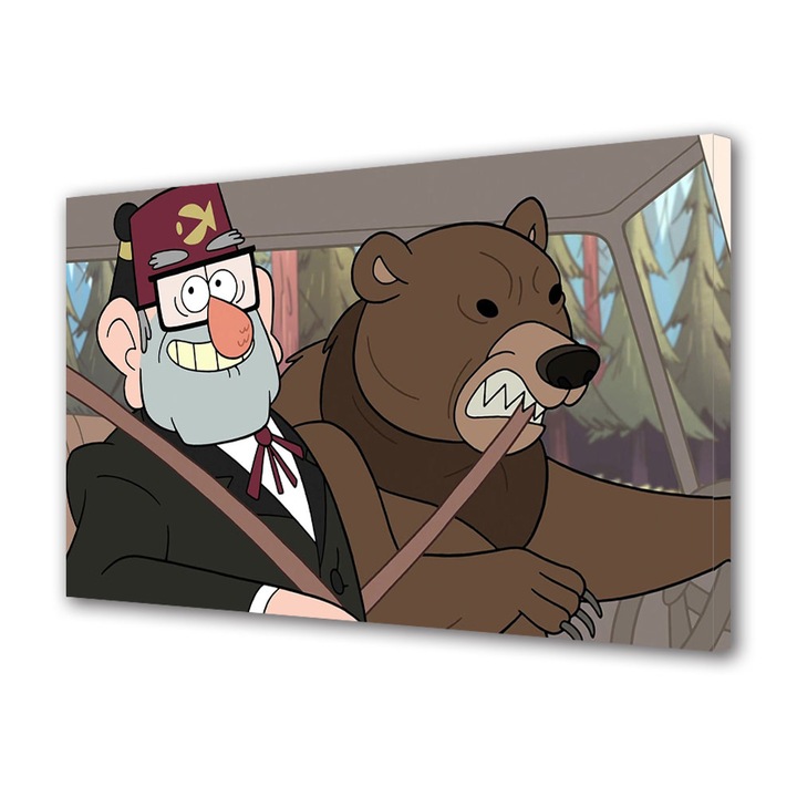 Tablou Canvas Led cu Intrerupator, Luminos in Intuneric, Premium, Art Star, Unchiul Stan in masina cu ursul Gravity Falls, Animatii, Panza pe cadru de lemn, Decoratiuni Moderne pentru Casa, 50 x 70 cm