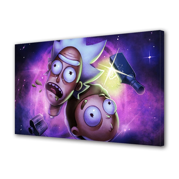 Tablou Canvas Led cu Intrerupator, Luminos in Intuneric, Premium, Art Star, Rick si Morty capetele lor, Animatii, Panza pe cadru de lemn, Decoratiuni Moderne pentru Casa, 30 x 45 cm