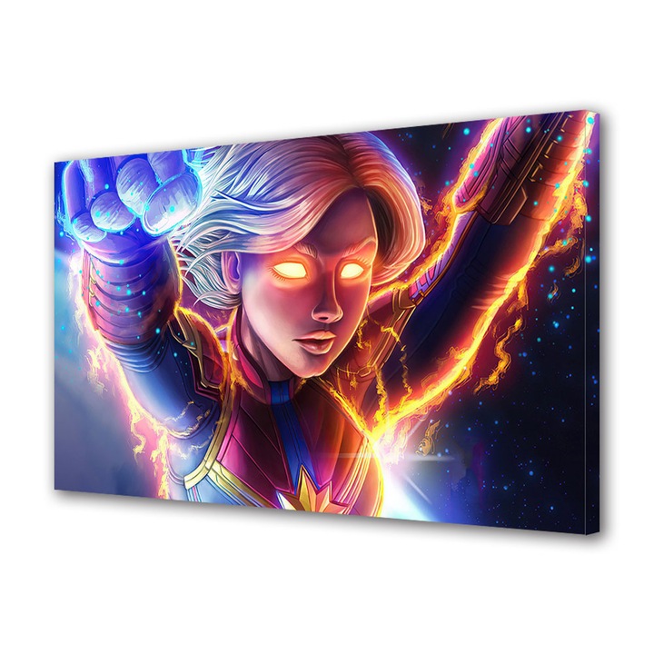 Tablou Canvas Premium, Art Star, Captain Marvel cu ochii aprinsi, Animatii, Panza pe cadru de lemn, Decoratiuni Moderne pentru Casa, 20 x 30 cm