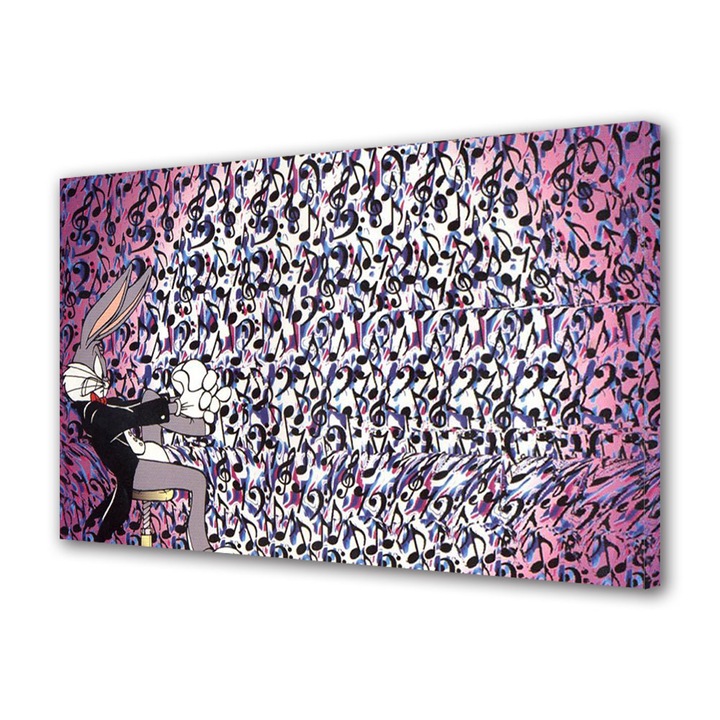 Tablou Canvas Led cu Intrerupator, Luminos in Intuneric, Premium, Art Star, Bugs Bunny si note muzicale, Animatii, Panza pe cadru de lemn, Decoratiuni Moderne pentru Casa, 30 x 45 cm