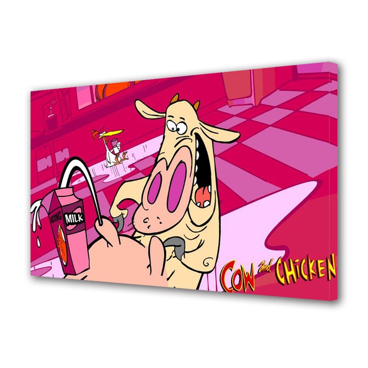Tablou Canvas Premium, Art Star, Cow and Chicken lapte in bucatarie, Animatii, Panza pe cadru de lemn, Decoratiuni Moderne pentru Casa, 20 x 30 cm