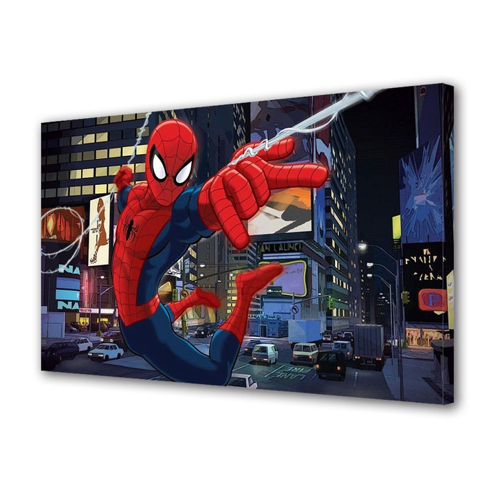 Tablou Canvas Fosforescent, Luminos in Intuneric, Premium, Art Star, Spider-man langa masini, Animatii, Panza pe cadru de lemn, Decoratiuni Moderne pentru Casa, 20 x 30 cm