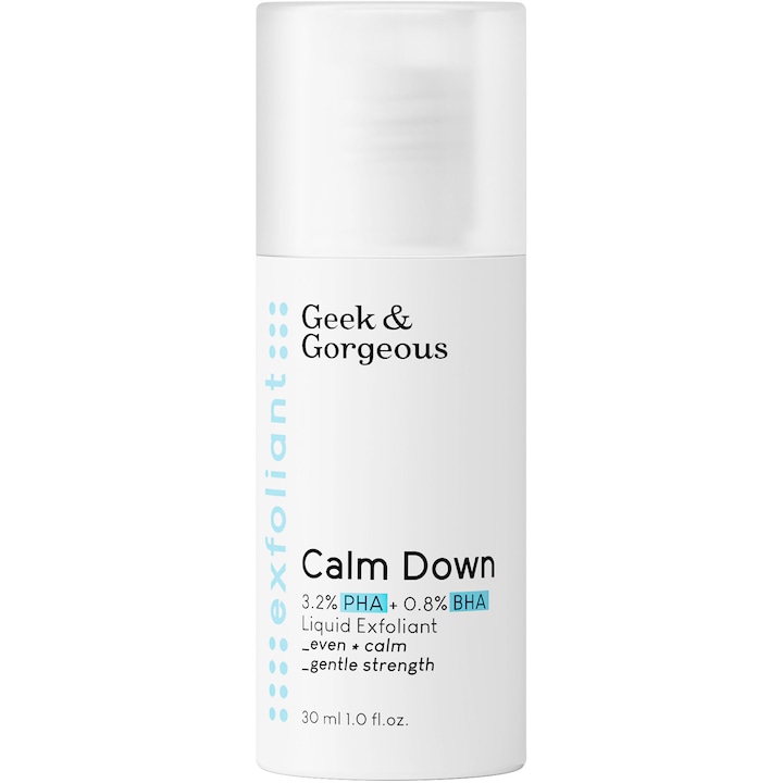 Lotiune exfolianta cu PHA si Acid Salicilic Geek&Gorgeous Calm Down pentru ten sensibil, 30 ml