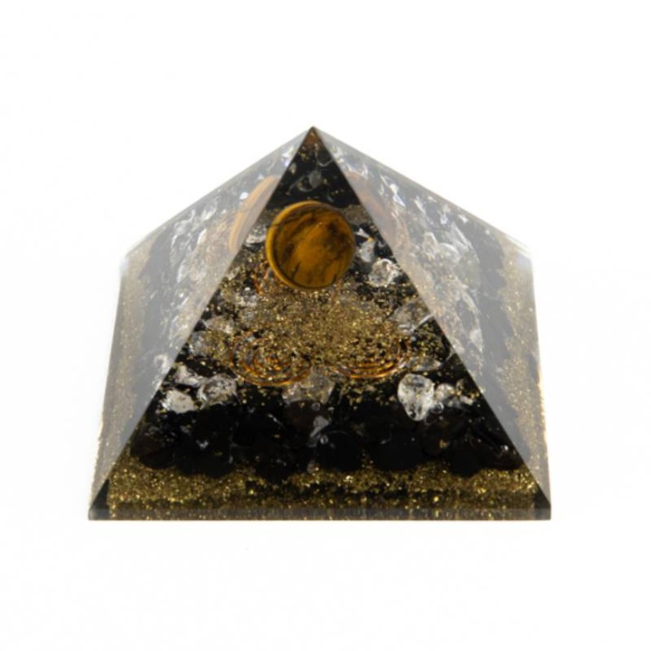 Ezera Tigrisszem piramis, obszidián kristállyal, fehér kvarccal, rézporral és rézspirálokkal, 8,5 cm