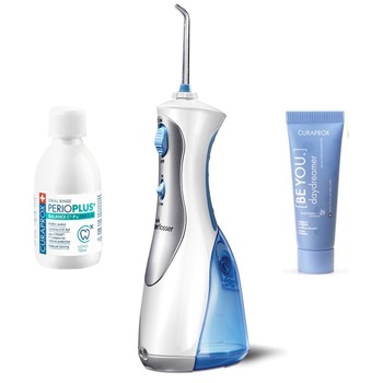 Set Irigator Dus bucal portabil Waterpik WP 450 cu 1 apa de gura Curaprox Perio+ de 100ml si 1 pasta de dinti Curaprox Be You Daydreamer albastra de 10ml Set Irigator Dus bucal portabil Waterpik WP 450 cu 1 apa de gura Curaprox Perio+ de 100ml si 1 pasta de dinti Curaprox Be You Daydreamer albastra de 10ml