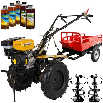 Set motocultor ProGARDEN HS 1100D, far, motor 13 CP, benzina, latime lucru 120 cm, freze, roti cauciuc 6 X 12, remorca, 5l ulei Set motocultor ProGARDEN HS 1100D, far, motor 13 CP, benzina, latime lucru 120 cm, freze, roti cauciuc 6 X 12, remorca, 5l ulei