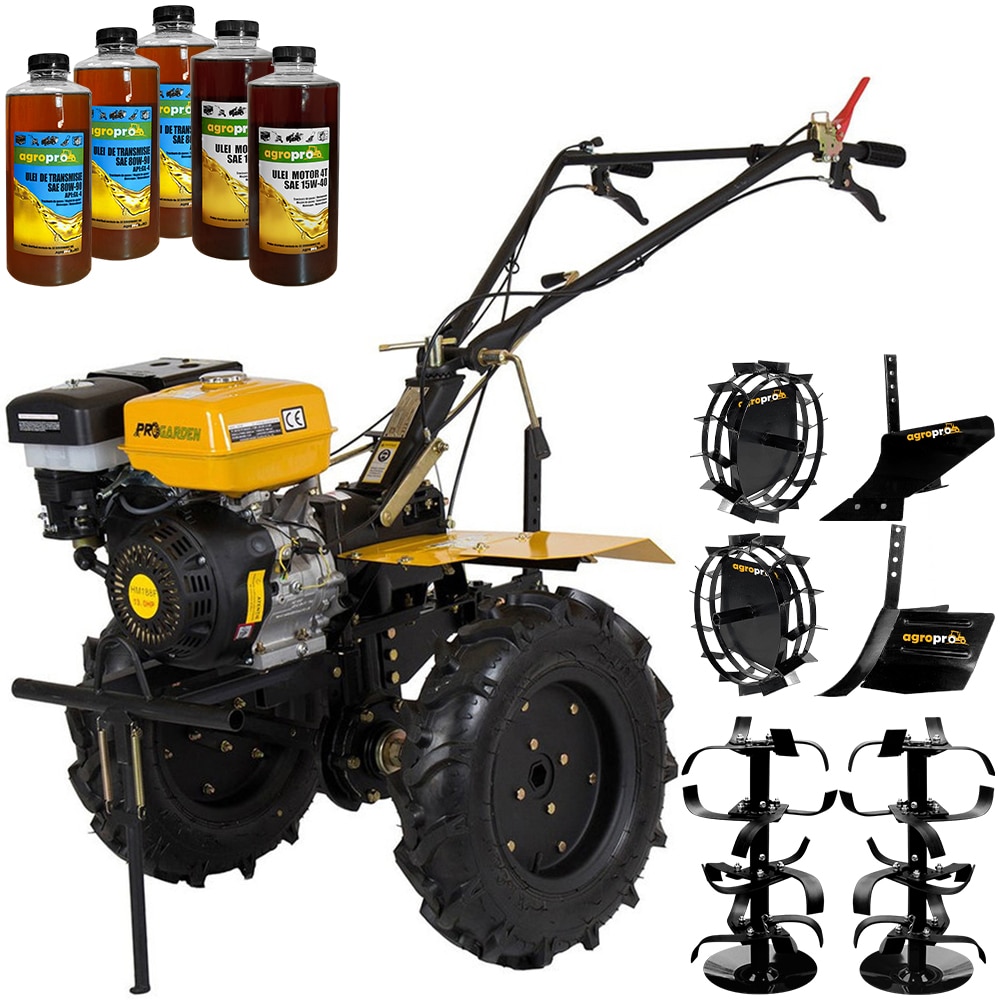 Set motocultor ProGARDEN HS 1100D, far, motor 13 CP, benzina, latime lucru 120 cm, freze, roti cauciuc 6 X 12, set roti metal, rarita reglabla, plug arat, 5l ulei