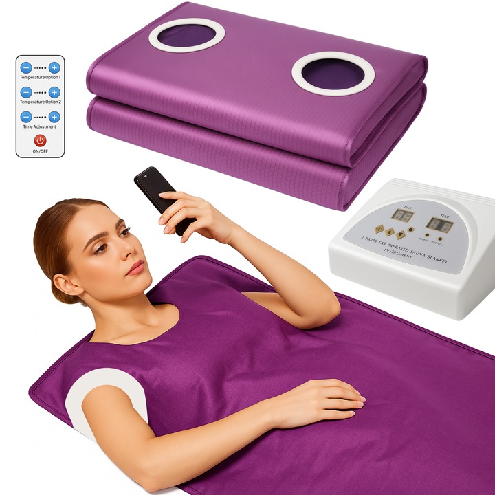 Termocuverta cu Infrarosu 2 Zone si Patura cu Incalzire, Alhena® AU-805, cu Telecomanda Inclusa, Incalzire Uniforma pentru Tratamente Corporale, Slabire, Detoxifiere si Relaxare, Design Ergonomic si Material Rezistent, Mov