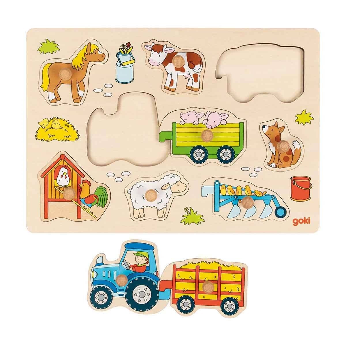 Puzzle din lemn Goki, 9 piese - Viata la ferma