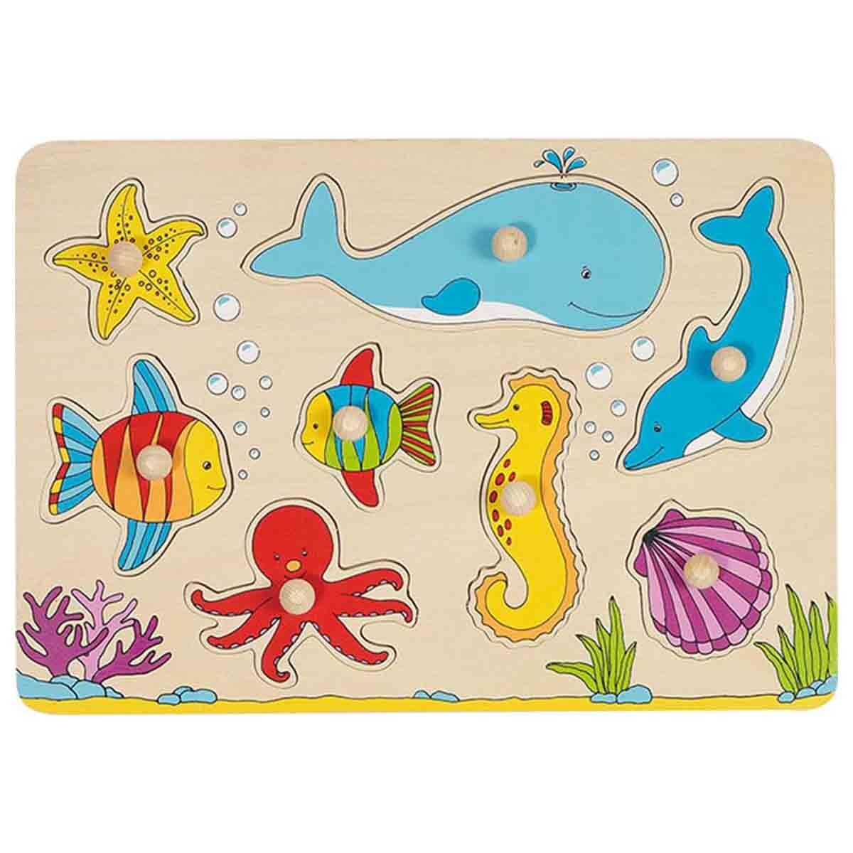 Puzzle din lemn cu manere Goki, 8 piese - Lumea Subacvatica