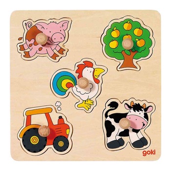 Puzzle din lemn cu manere Goki, 5 piese - Ferma 1 Puzzle din lemn cu manere Goki, 5 piese - Ferma 1