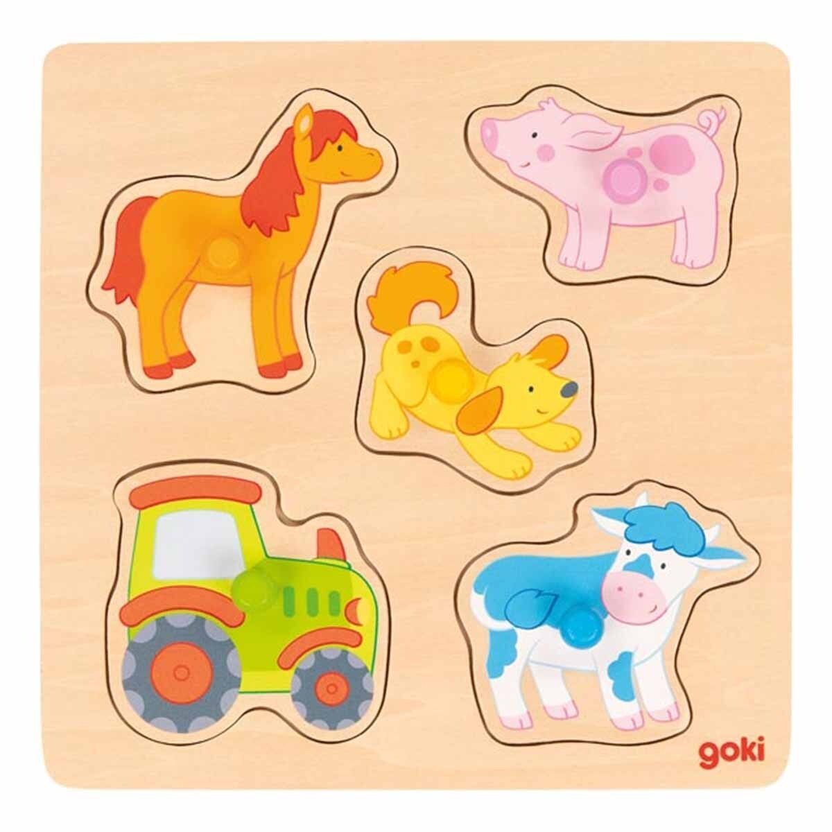 Puzzle din lemn cu manere Goki, 5 piese - Ferma 2