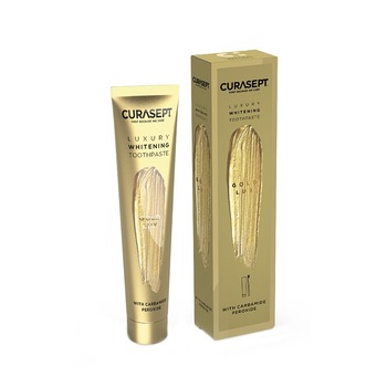 Pasta de dinti Luxury Whitening Gold cu microparticule de aur si argint, efect de albire a dintilor, 75 ml, Curasept Pasta de dinti Luxury Whitening Gold cu microparticule de aur si argint, efect de albire a dintilor, 75 ml, Curasept