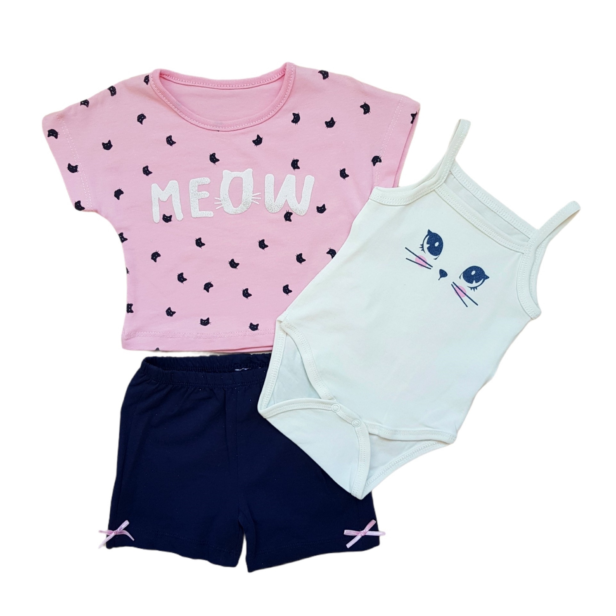 Compleu 3 piese de vara din bumbac, Pisicuta, varsta 3-6 luni, 68 cm, Multicolor