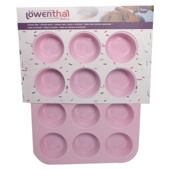 Tava de copt briose Lowenthal, din silicon cu 12 forme, roz Tava de copt briose Lowenthal, din silicon cu 12 forme, roz