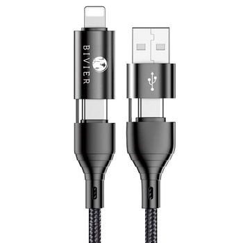Cablu USB pentru incarcare si transfer de date Bivier 4in1, 3A Fast Charge, USB-C, Lighting, 1.2m, Negru Cablu USB pentru incarcare si transfer de date Bivier 4in1, 3A Fast Charge, USB-C, Lighting, 1.2m, Negru