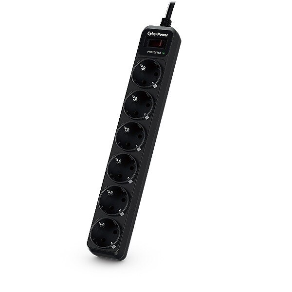 Prelungitor Cyber Power, Schuko x 6, conectare prin Schuko tata, cablu 1.8 m, 10 A, protectie supratensiune, Negru